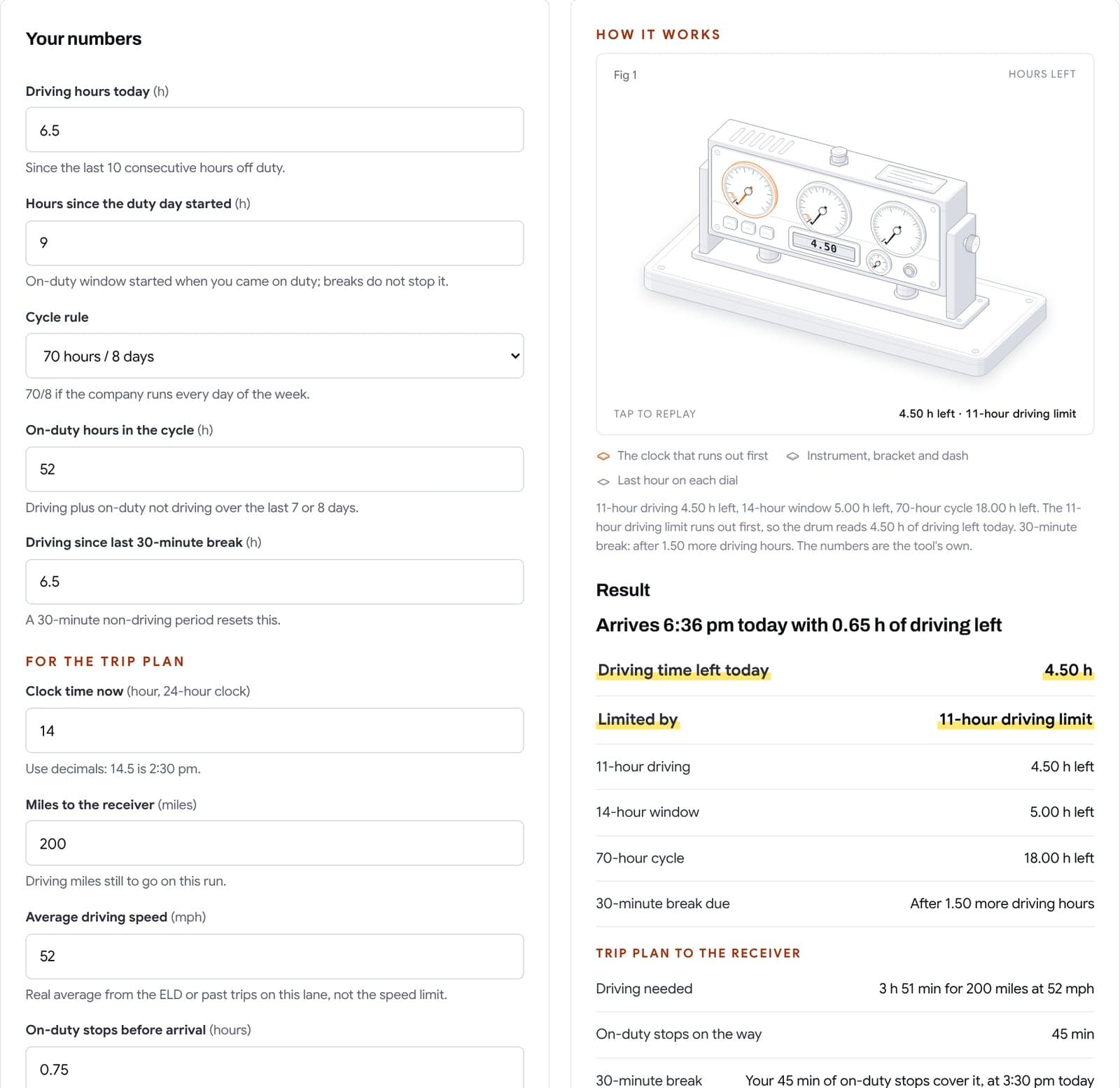 The Forge hours-of-service tool with a driver's hours entered and a result showing driving time left and arrival time.