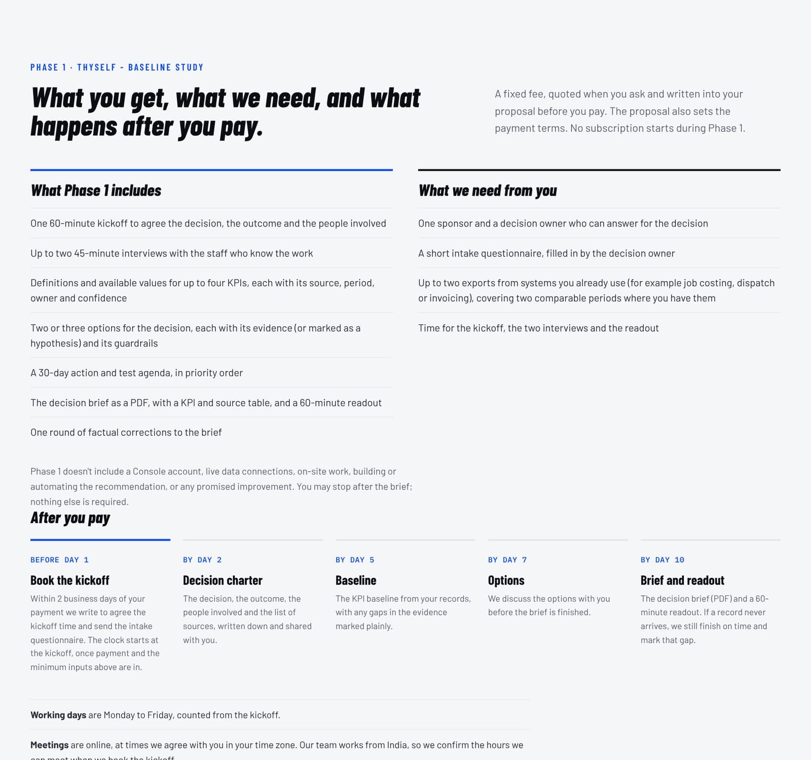 The Watch Tower Phase 1 section listing what is included, what the team needs from the customer, and a day-by-day timeline.