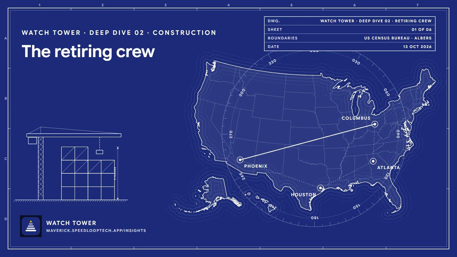A blueprint drawing on Watch Tower navy: a building frame going up beside a tower crane, in front of a map of the United States with routes between Phoenix, Houston, Atlanta and Columbus, and the headline "The retiring crew: construction's worker gap, and who fills it".