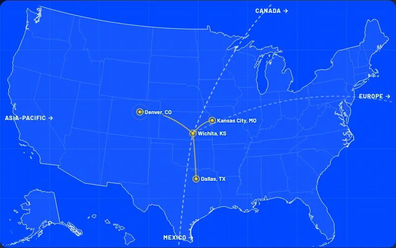 A blueprint map of the United States with an example company's four places in Kansas, Missouri, Texas and Colorado pinned in yellow and joined by lines.