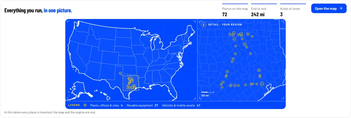 The Talos map on the Watch Tower Console's Home: a fictional trucking company's 72 places pinned across Texas on a map of the United States, with a close-up of the region.
